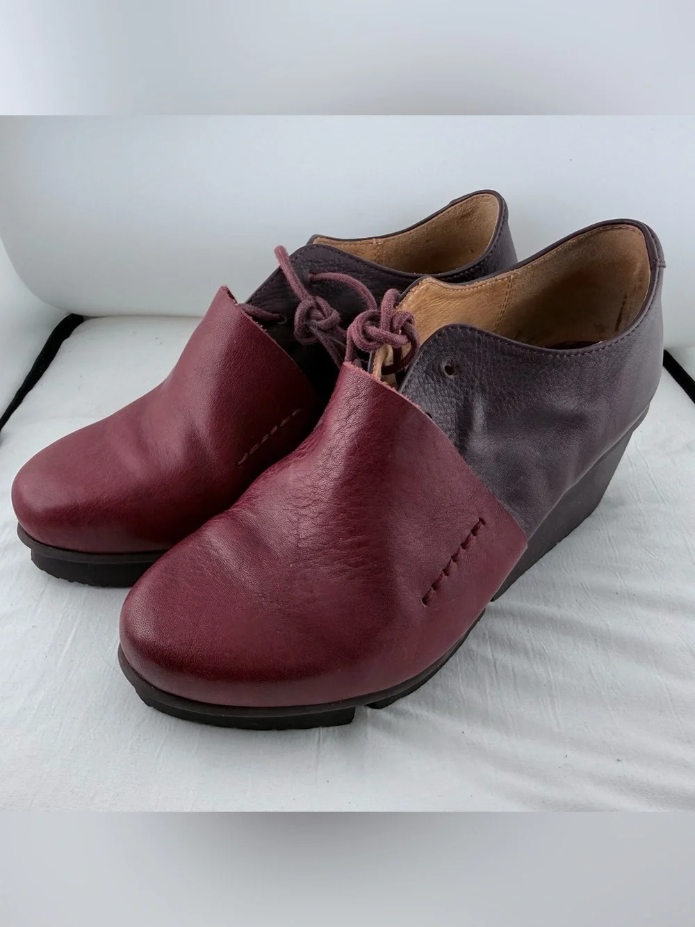 Trippen Women’s Two-Tone Burgundy Leather Lace-Up Chunky Heel Shoes